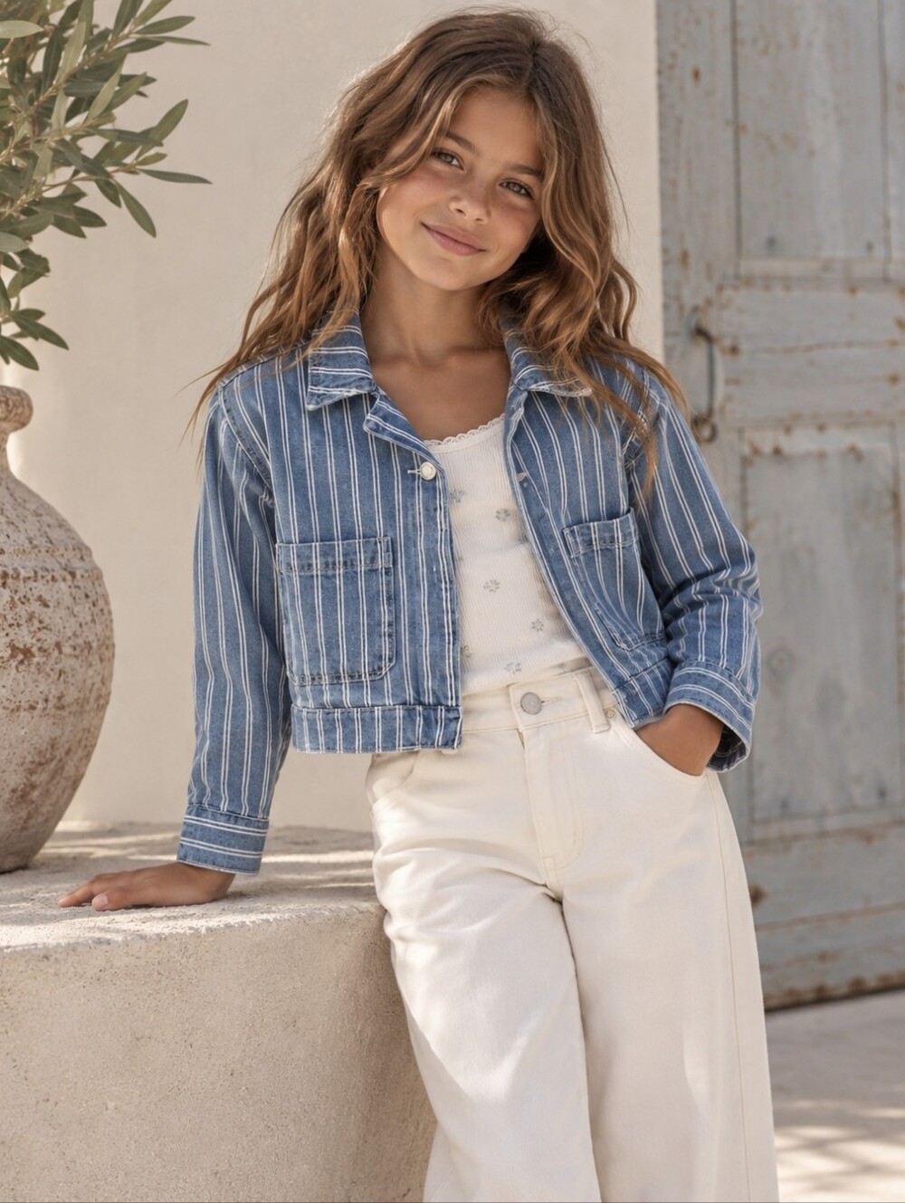 Zara Girls Striped Denim Crop Jacket Blue White Size 9-10Y Utility